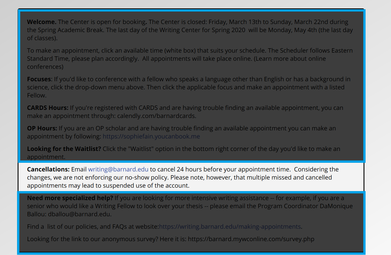 Announcements Page Highlighting the change in cancellation policies